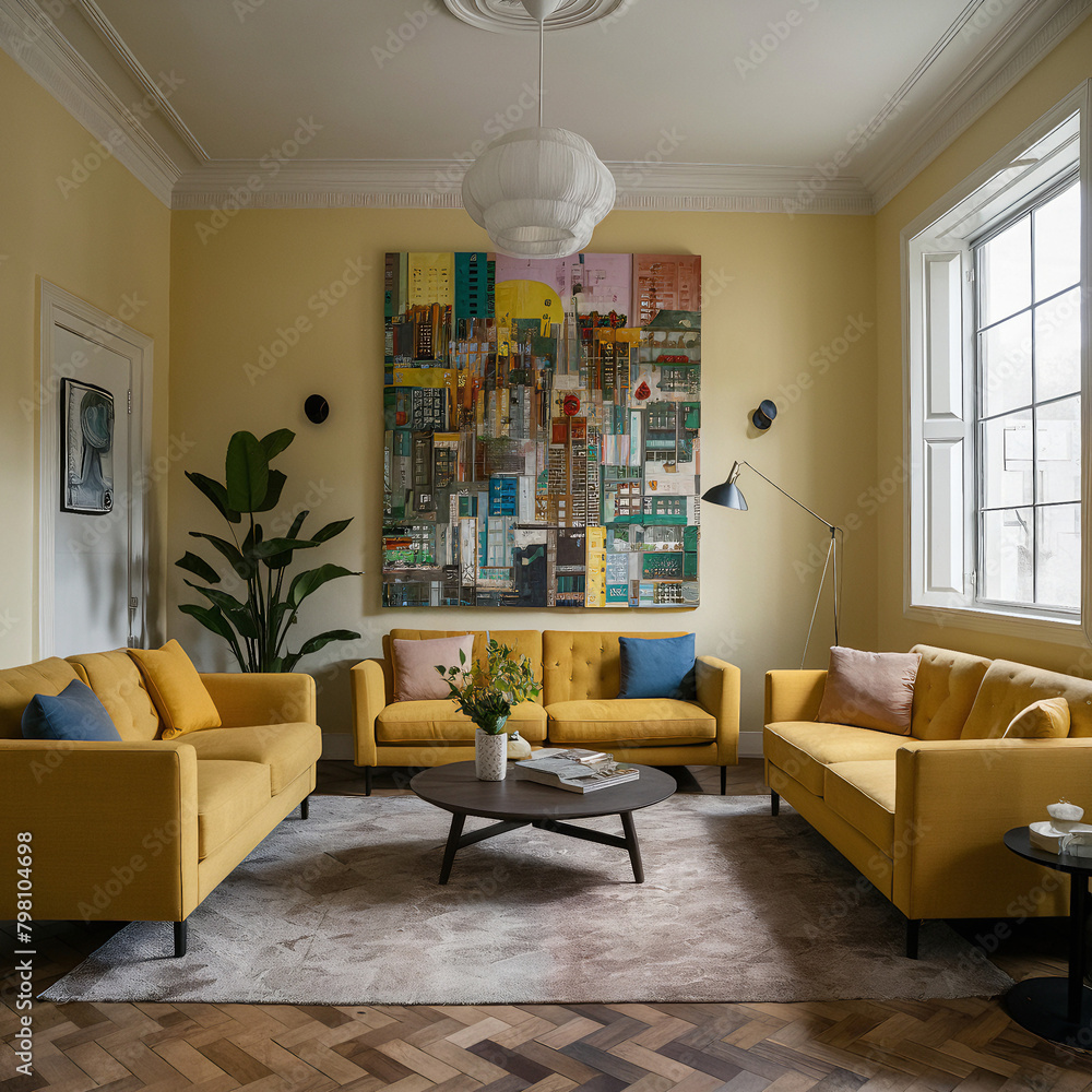 Fototapeta premium living room interior with fireplace and painting