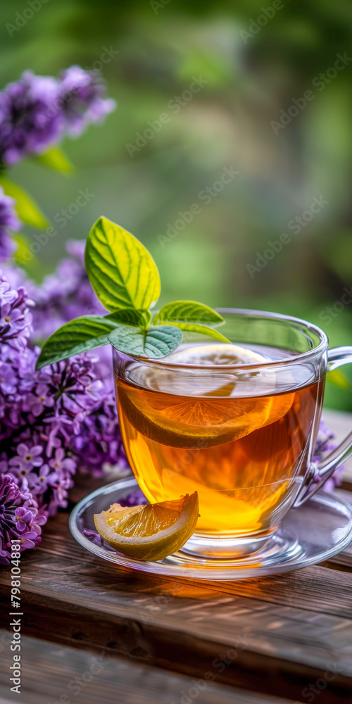 Refreshing Lemon Tea with Fresh Lilac Flowers on a Wooden Table Refreshing Lemon Tea with Fresh Lilac Flowers on a Wooden Table