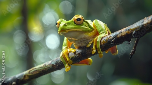 Fascinating australian white tree frog perched amid lush leaves, dumpy frog resting on branch - detailed closeup of exquisite amphibian beauty photo