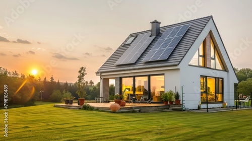 A modern suburban house at sunset with a photovoltaic solar panel system on the gable roof, reflecting the sustainable and eco-friendly design photo