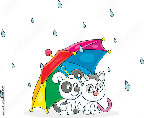 Happy little puppy and kitty hiding from summer rain under a beautiful striped umbrella, vector cartoon illustration on a white background