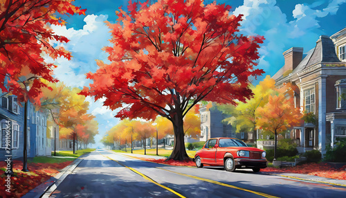 Pin oak trees with red leaves on the city road with a red car and buildings Quercus palustris, eastern North America 