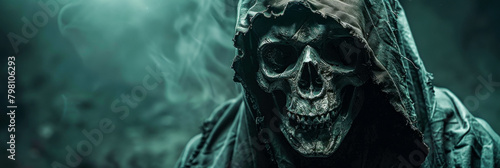 Dark, Sinister Skull in Hood Shrouded in Mist A Eerie Gothic Scene