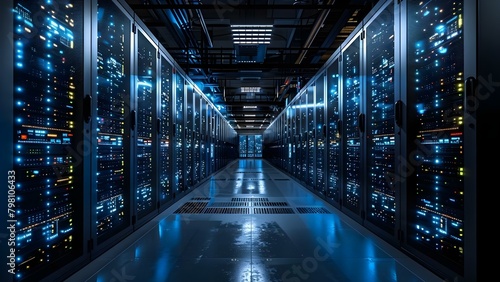 Modern Internet Data Center: Rows of Racks and Network Server Hardware. Concept Data Center Security, Server Maintenance, Network Infrastructure, Rack Organization