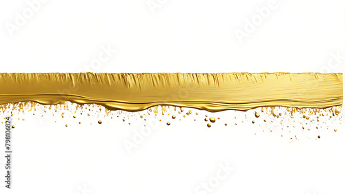 A smear of gold paint with drops and smudges. Horizontal abstract texture isolated on white background. Decorative design element photo