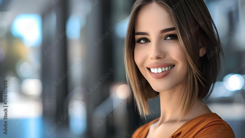 Portrait of Happy Woman with Bobbed Hair and Orange Shirt Positively Radiating on Blue Background. Concept Portrait Photography, Bobbed Hair, Orange Shirt, Colorful Background, Positive Energy
