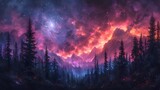 the ethereal beauty of a cosmic violet and pink starry sky, where silhouette forest trees create a breathtaking landscape against the celestial backdrop