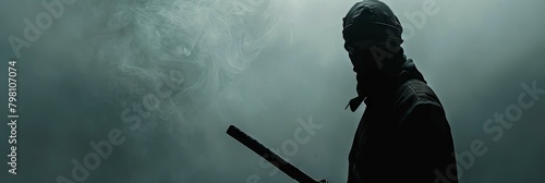 Enigmatic Ninja Silhouette Shrouded in Mysterious Charcoal Mist photo