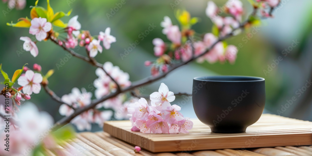 Serene Springtime Setting with Black Tea Cup Surrounded by Blossoming Branches Serene Springtime Setting with Black Tea Cup Surrounded by Blossoming Branches