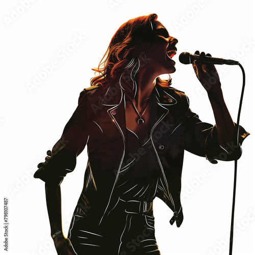 Silhouette of singer with microphone. Woman musician in concert pose. Sticker, cutout, mockup, white background, graphic resource, rock, live music.
