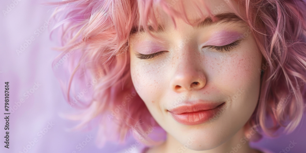 Serene Young Woman with Pink Hair and Freckles in Soft Light