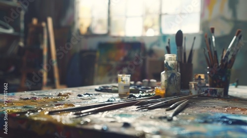 The hazy background of an artists studio reveals a myriad of blurred paint tubes and brushes tered around a tabletop palette adding to the creative chaos of the space. .