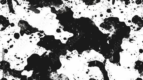 Pattern of black and white paint splashes, creating an abstract background with hints of cow print for camo design.