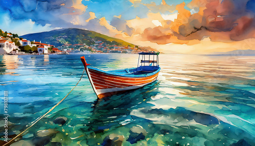 Painting of a Fishing boat on the sea in Montenegro