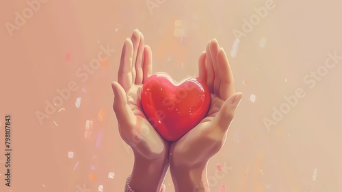 Hands holding a red heart isolated on a pastel peach background, representing love and health care for the world, healthcare concept, copy space, world blood donor day