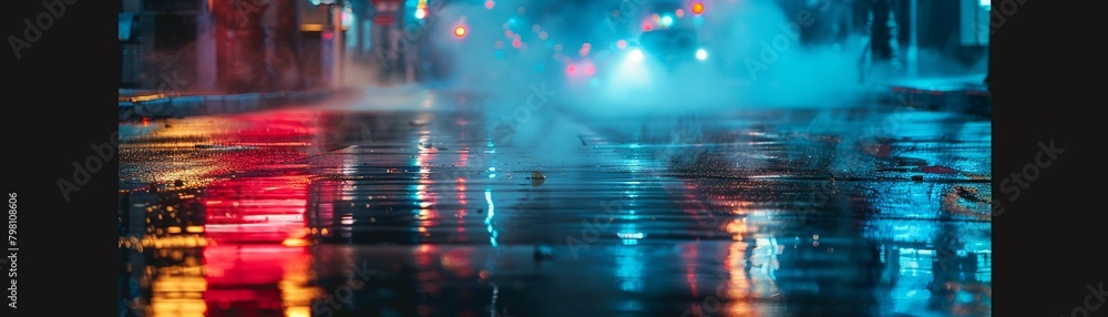 Wet asphalt, reflection of neon lights, a searchlight, smoke Abstract light in a dark empty street with smoke, smog Dark background scene of empty street, night view, night city