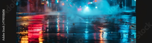 Wet asphalt, reflection of neon lights, a searchlight, smoke Abstract light in a dark empty street with smoke, smog Dark background scene of empty street, night view, night city photo
