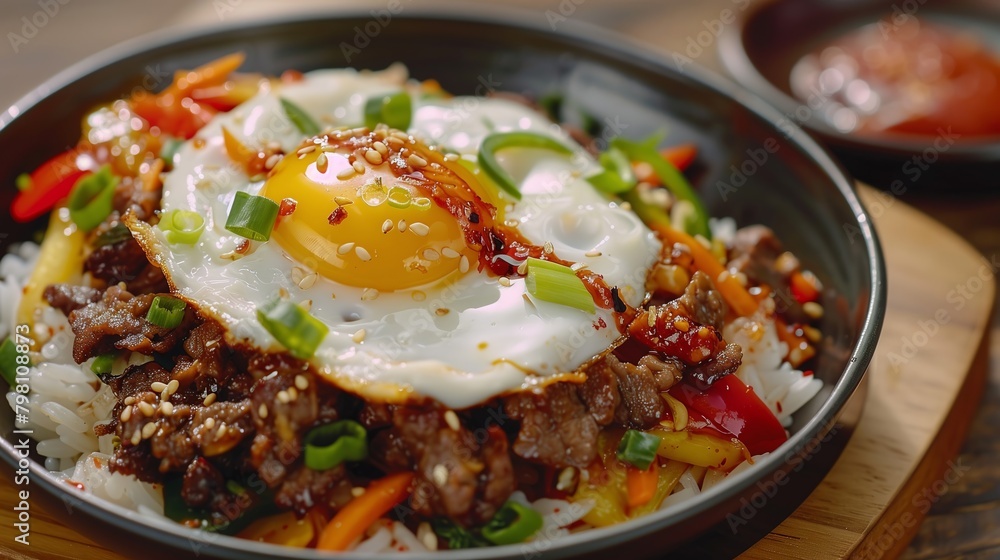 Korean Bibimbap with Spicy Beef and Fried Egg, Traditional Meal Korean Bibimbap with Spicy Beef and Fried Egg, Traditional Meal