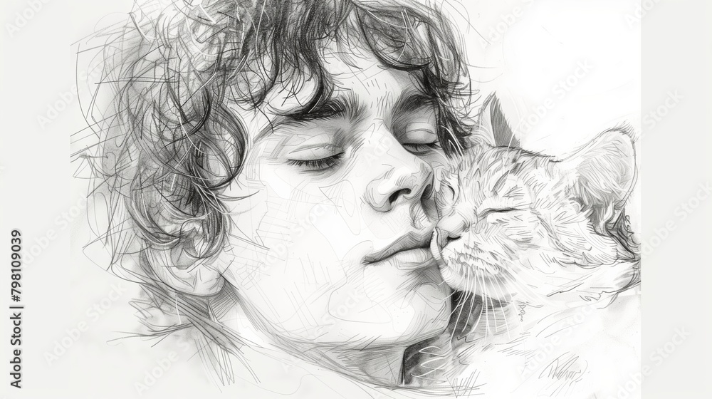 Fototapeta premium Happy boy hug his cat. Close up black and white sketch of funny young man near the cute animal. 