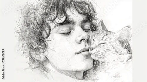 Happy boy hug his cat. Close up black and white sketch of funny young man near the cute animal. 