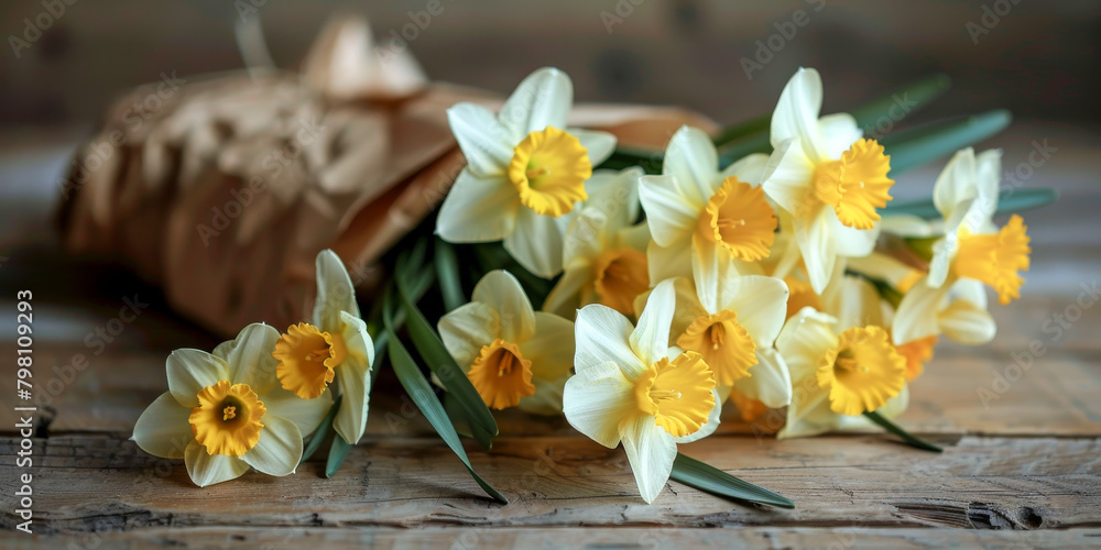 Fresh Spring Daffodils on Rustic Wooden Table Fresh Spring Daffodils on Rustic Wooden Table