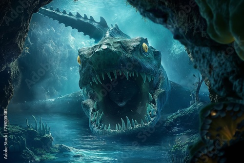 Sea monster open its mouth with teeth inside a deep underwater cave, fantasy underwater creature photo