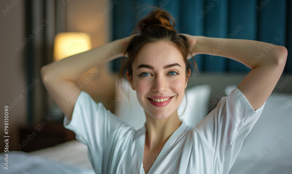 Fototapeta premium The view shows a smiling business woman doing stretching exercises on a bed in a hotel room after a day of work. Her smile reflects her relief after long hours of work.