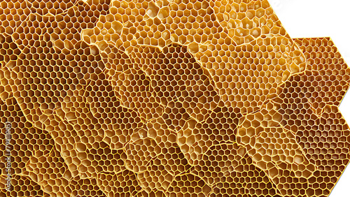 Golden background from honeycombs isolated on a white background. Close up, 3D rendering photo