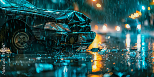 Rainy Night Car Accident on Urban Street