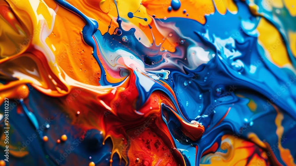 Close-up on a dynamic fusion of paint splashes, different elements coming together in a vibrant clash