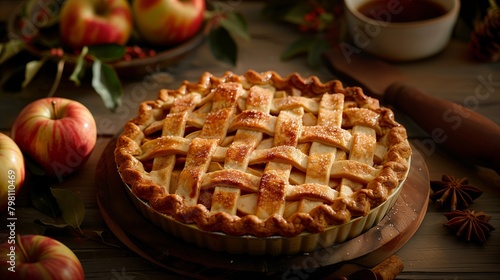 Classic Homemade Apple Pie with Lattice Crust on Rustic Table