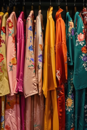 Colorful kimonos hanging on a wall, suitable for fashion or travel themes