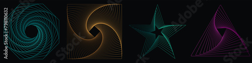 abstract twisted gradient spirals. Twisted wireframe tunnel with lines in the form of a triangle, square, hexagon  and star. Vector illustration. eps 10