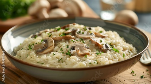 Savory Mushroom Risotto in Ceramic Plate, Italian Comfort Food