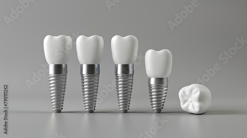 Dental implants on a gray background, artificial ceramic teeth, dental care