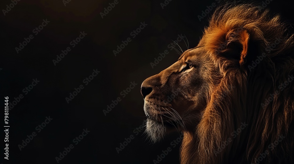 Naklejka premium Regal majesty: portrait of a stunning lion silhouetted in the shadows