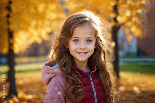 A beautiful little girl with blue eyes and brown hair, outside on a sunny autumn day.Portrait.Smiling.Cheerful.