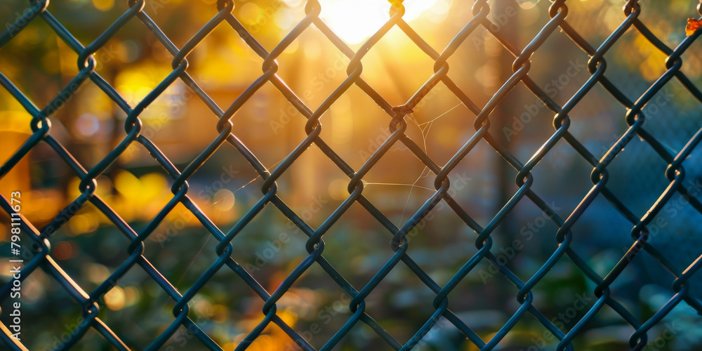 Golden Hour Light Through Chain Link Fence at Sunset Golden Hour Light Through Chain Link Fence at Sunset