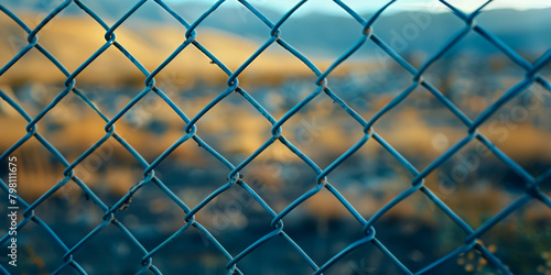 Sunset, Chain Link Fence with Blurred Background of Golden Fields