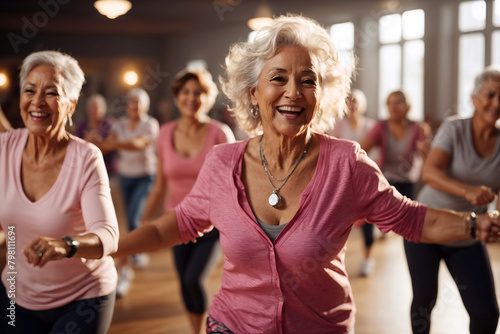 Senior woman dancing in a group zumba dance class, doing fitness, leading active and healthy lifestyle in diverse group. Retirement hobby and leisure activity for elderly people.                       photo