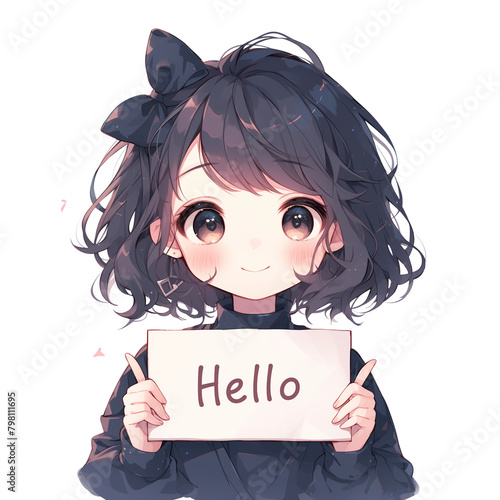 Anime illustration of a girl holding a sign that reads hello, chibi character 