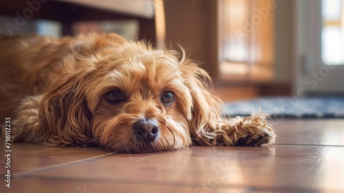 Relaxed canine comfort: portrait of a contented dog resting on the floor in natural light