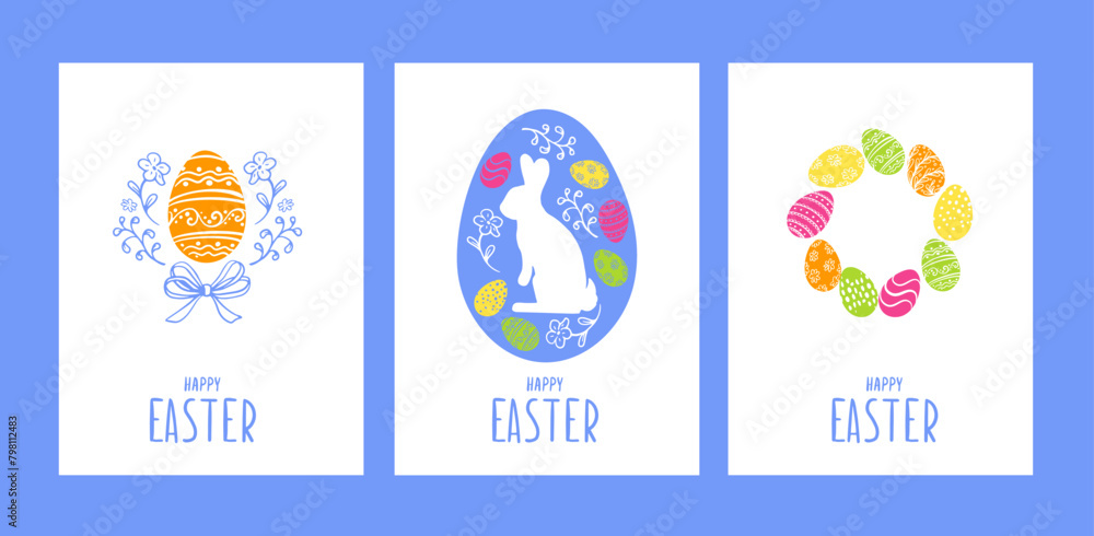 Happy Easter cards template. Colored egg, bunny, flowers. Minimalism. Vector flat illustration for poster, print, card, invitation, greeting, tag, holiday covers. Modern design in pastel colors