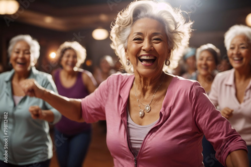 Senior woman dancing in a group zumba dance class, doing fitness, leading active and healthy lifestyle in diverse group. Retirement hobby and leisure activity for elderly people. 