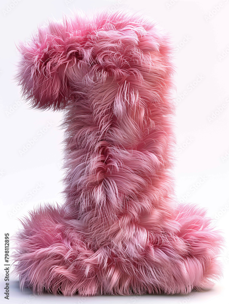Pink cute plush material numbers 1 3D rendering effect white background Pink cute plush material numbers 1 3D rendering effect white background