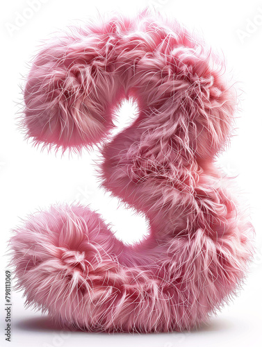 Pink cute plush material numbers 3 3D rendering effect white background