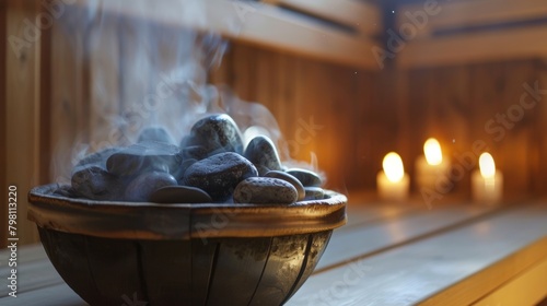 Steam rising from a bucket of hot stones in the corner of a sauna creating a calming aroma..