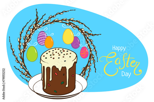 poster template for Easter day. Easter cake for greeting card, poster, invitation, banner, menu design. willow wreath,  Eggs, easter sweet. Hand drawn orthodox doodle illustration