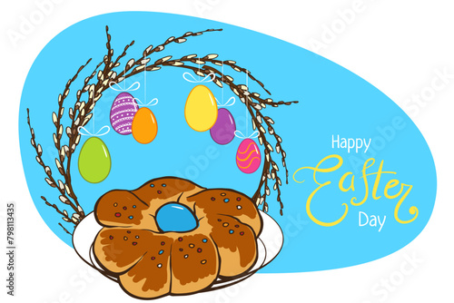 poster template for Easter day. Easter cake for greeting card, poster, invitation, banner, menu design. willow wreath,  Eggs, easter sweet. Hand drawn  doodle illustration