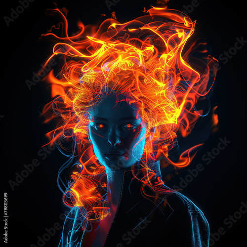 A beautiful woman made of orange and red fire